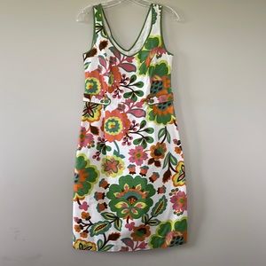 Boden Floral V-Neck Sleeveless Dress in White, Green, Pink, Orange